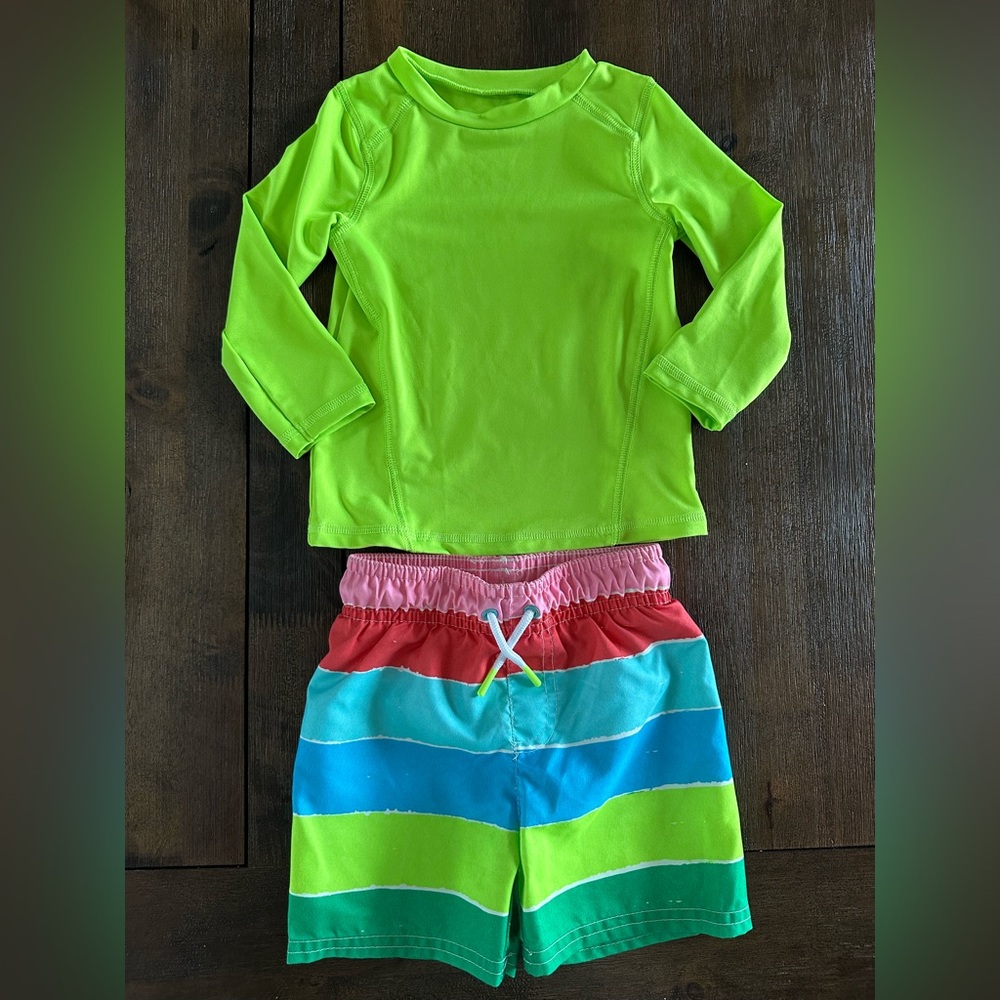 Cat & Jack Green Rash Guard and Striped Swim Trunks